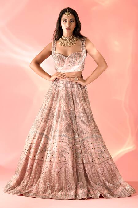 Label Astha Chhabra Pink Organza Hand Embroidery Floral Sweetheart Lehenga With Blouse 