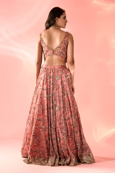 Shop Label Astha Chhabra Peach Organza Beads, Mirrors V-neck Floral Bloom Print Lehenga Set at Aza Fashions Shop_Label Astha Chhabra_Peach Organza Beads, Mirrors V-neck Floral Bloom Print Lehenga Set _at_Aza_Fashions
