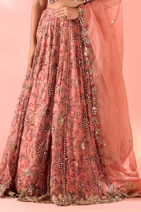 Label Astha Chhabra Peach Organza Beads, Mirrors V-neck Floral Bloom Print Lehenga Set Online at Aza Fashions Label Astha Chhabra_Peach Organza Beads, Mirrors V-neck Floral Bloom Print Lehenga Set _Online_at_Aza_Fashions