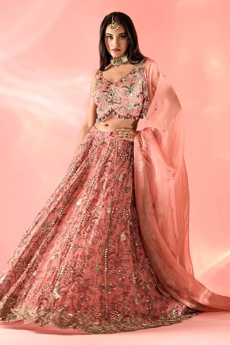 Buy Label Astha Chhabra Peach Organza Beads, Mirrors V-neck Floral Bloom Print Lehenga Set Online at Aza Fashions Buy_Label Astha Chhabra_Peach Organza Beads, Mirrors V-neck Floral Bloom Print Lehenga Set _Online_at_Aza_Fashions