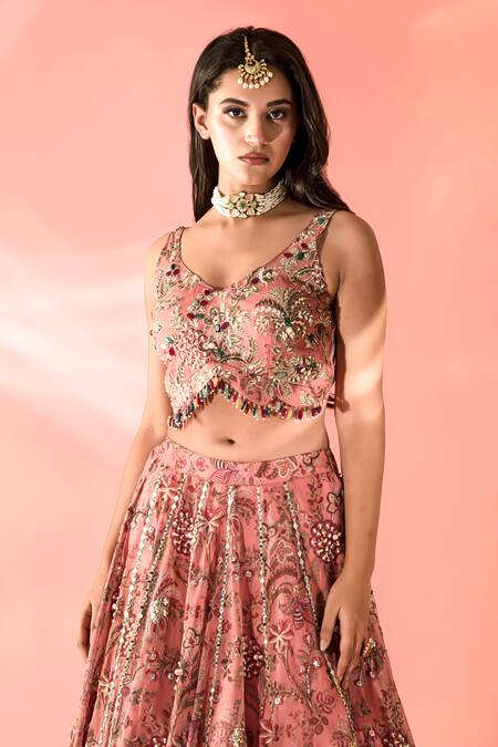 Shop Label Astha Chhabra Peach Organza Beads, Mirrors V-neck Floral Bloom Print Lehenga Set Online at Aza Fashions Shop_Label Astha Chhabra_Peach Organza Beads, Mirrors V-neck Floral Bloom Print Lehenga Set _Online_at_Aza_Fashions