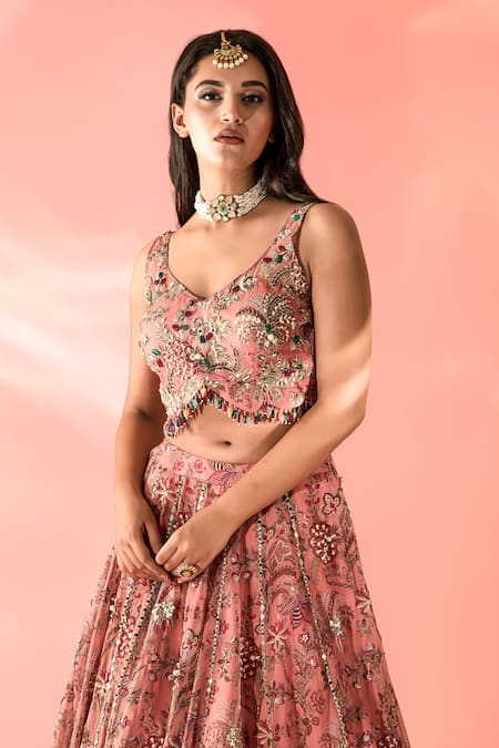 Label Astha Chhabra Peach Organza Beads, Mirrors V-neck Floral Bloom Print Lehenga Set at Aza Fashions Label Astha Chhabra_Peach Organza Beads, Mirrors V-neck Floral Bloom Print Lehenga Set _at_Aza_Fashions
