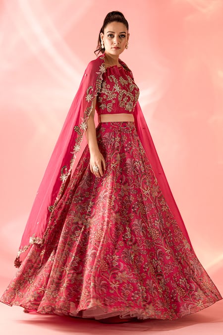 Shop Label Astha Chhabra Pink Organza Embroidery Round Neck Flower Vine Print Lehenga Set at Aza Fashions Shop_Label Astha Chhabra_Pink Organza Embroidery Round Neck Flower Vine Print Lehenga Set _at_Aza_Fashions