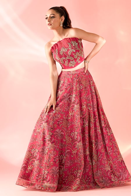 Buy Label Astha Chhabra Pink Organza Embroidery Round Neck Flower Vine Print Lehenga Set Online at Aza Fashions Buy_Label Astha Chhabra_Pink Organza Embroidery Round Neck Flower Vine Print Lehenga Set _Online_at_Aza_Fashions