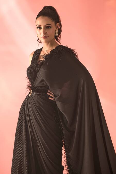 Label Astha Chhabra_Black Satin Embroidery V-neck Pre-draped Buckle Saree With Embellished Blouse _Online_at_Aza_Fashions