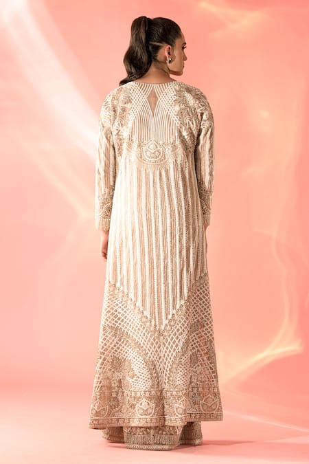 Shop Label Astha Chhabra Beige Organza Embroidery Scoop Neck Floral Dori Cape Skirt Set at Aza Fashions Shop_Label Astha Chhabra_Beige Organza Embroidery Scoop Neck Floral Dori Cape Skirt Set _at_Aza_Fashions