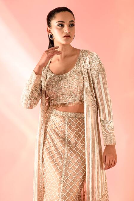 Label Astha Chhabra Beige Organza Embroidery Scoop Neck Floral Dori Cape Skirt Set Online at Aza Fashions Label Astha Chhabra_Beige Organza Embroidery Scoop Neck Floral Dori Cape Skirt Set _Online_at_Aza_Fashions