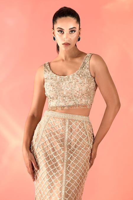 Shop Label Astha Chhabra Beige Organza Embroidery Scoop Neck Floral Dori Cape Skirt Set Online at Aza Fashions Shop_Label Astha Chhabra_Beige Organza Embroidery Scoop Neck Floral Dori Cape Skirt Set _Online_at_Aza_Fashions