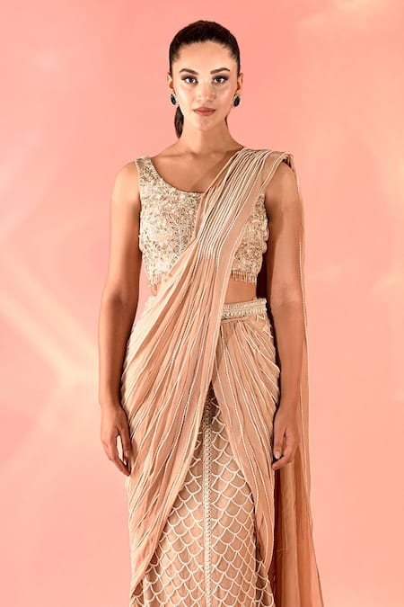 Label Astha Chhabra_Beige Organza Beads Scoop Neck Pre-draped Embellished Lehenga Saree And Blouse Set _Online_at_Aza_Fashions