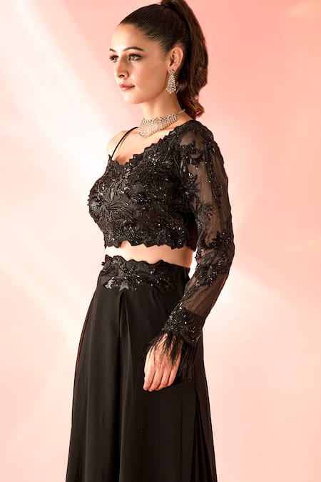 Shop Label Astha Chhabra Black Georgette Sequins, Cut Work, Floral Hand Embellished Blouse Lehenga Set at Aza Fashions Shop_Label Astha Chhabra_Black Georgette Sequins, Cut Work, Floral Hand Embellished Blouse Lehenga Set _at_Aza_Fashions