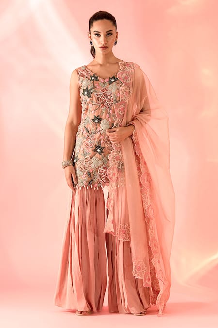 Label Astha Chhabra Peach Organza Applique Floral V Neck Bloom Kurta Sharara Set 