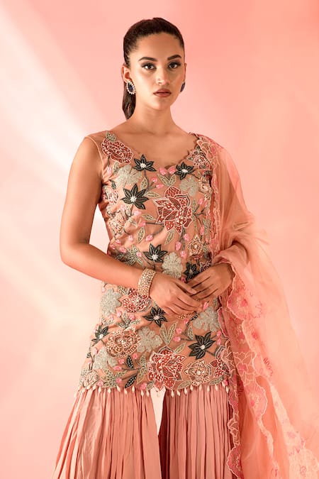 Buy_Label Astha Chhabra_Peach Organza, Crepe Sequins, Cut Work, Floral Bloom Applique Kurta Sharara Set _Online_at_Aza_Fashions