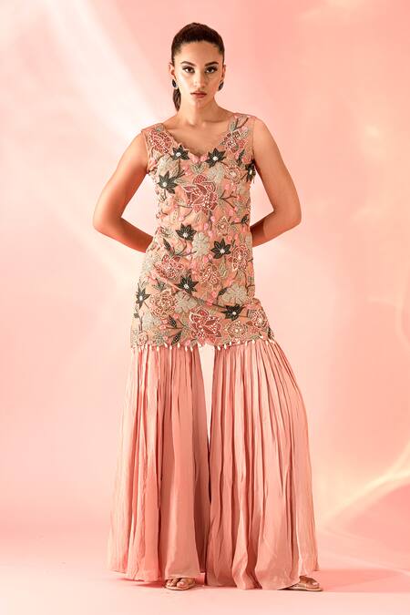 Shop_Label Astha Chhabra_Peach Organza, Crepe Sequins, Cut Work, Floral Bloom Applique Kurta Sharara Set _Online_at_Aza_Fashions