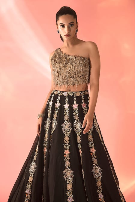 Label Astha Chhabra_Black Organza Sequins, Applique, Embroidery Asymmetric Floral Panel Lehenga Set _Online_at_Aza_Fashions