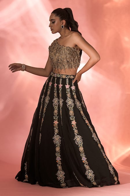 Buy_Label Astha Chhabra_Black Organza Sequins, Applique, Embroidery Asymmetric Floral Panel Lehenga Set _Online_at_Aza_Fashions