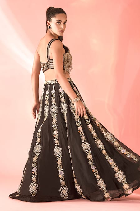 Shop_Label Astha Chhabra_Black Organza Sequins, Applique, Embroidery Asymmetric Floral Panel Lehenga Set _Online_at_Aza_Fashions