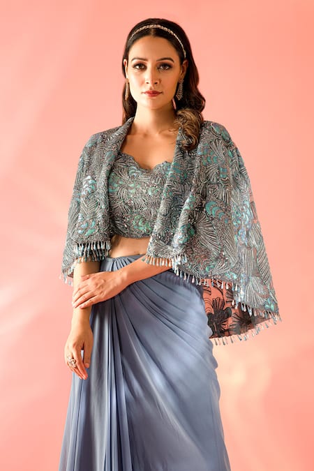 Buy_Label Astha Chhabra_Blue Organza Sequins, Cut Work Round Neck Embellished Cape Skirt Set _Online_at_Aza_Fashions