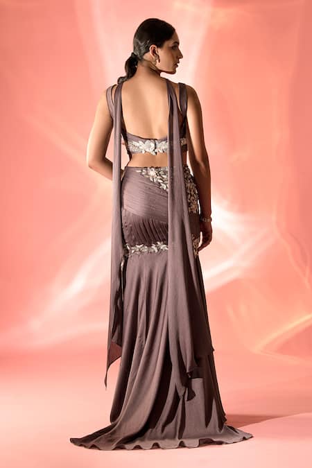 Shop Label Astha Chhabra Purple Crepe, Georgette Pearls, Embroidery Asymmetric Blouse Fish Cut Skirt Set at Aza Fashions Shop_Label Astha Chhabra_Purple Crepe, Georgette Pearls, Embroidery Asymmetric Blouse Fish Cut Skirt Set _at_Aza_Fashions