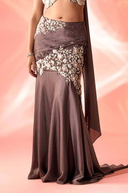 Label Astha Chhabra Purple Crepe, Georgette Pearls, Embroidery Asymmetric Blouse Fish Cut Skirt Set Online at Aza Fashions Label Astha Chhabra_Purple Crepe, Georgette Pearls, Embroidery Asymmetric Blouse Fish Cut Skirt Set _Online_at_Aza_Fashions