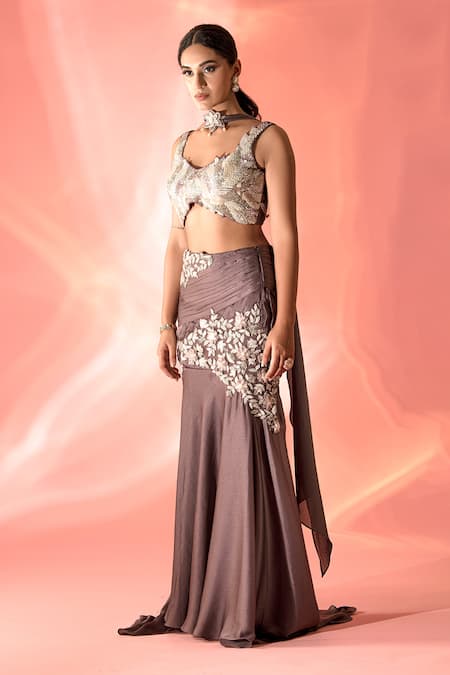 Buy Label Astha Chhabra Purple Crepe, Georgette Pearls, Embroidery Asymmetric Blouse Fish Cut Skirt Set Online at Aza Fashions Buy_Label Astha Chhabra_Purple Crepe, Georgette Pearls, Embroidery Asymmetric Blouse Fish Cut Skirt Set _Online_at_Aza_Fashions