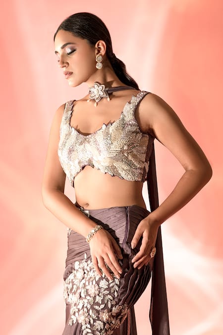 Shop Label Astha Chhabra Purple Crepe, Georgette Pearls, Embroidery Asymmetric Blouse Fish Cut Skirt Set Online at Aza Fashions Shop_Label Astha Chhabra_Purple Crepe, Georgette Pearls, Embroidery Asymmetric Blouse Fish Cut Skirt Set _Online_at_Aza_Fashions