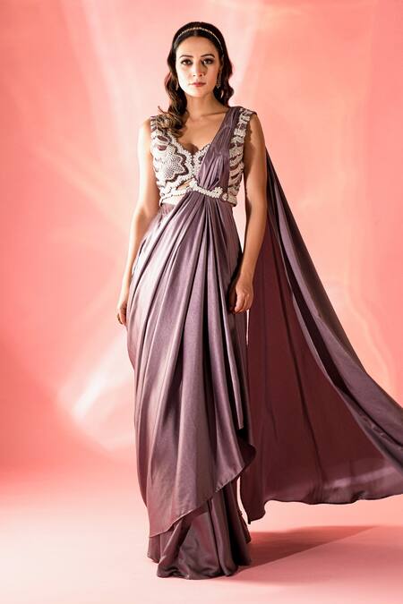 Label Astha Chhabra Purple Organza, Satin Crystals Scoop Pre-stitched Saree With Embroidered Blouse Online at Aza Fashions Label Astha Chhabra_Purple Organza, Satin Crystals Scoop Pre-stitched Saree With Embroidered Blouse _Online_at_Aza_Fashions