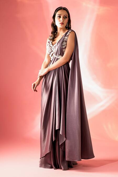 Buy Label Astha Chhabra Purple Organza, Satin Crystals Scoop Pre-stitched Saree With Embroidered Blouse Online at Aza Fashions Buy_Label Astha Chhabra_Purple Organza, Satin Crystals Scoop Pre-stitched Saree With Embroidered Blouse _Online_at_Aza_Fashions