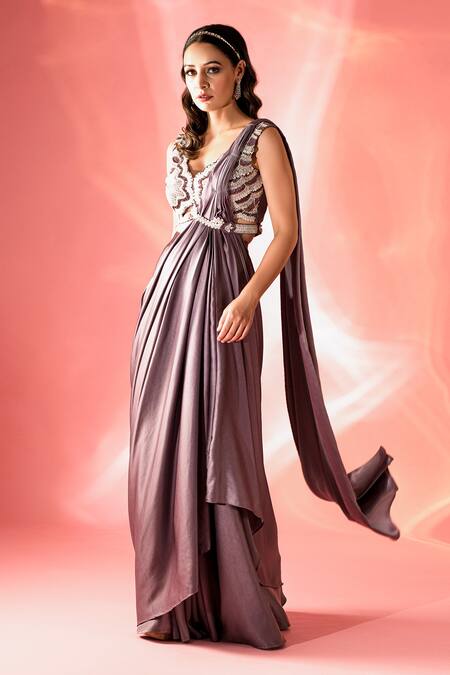 Shop Label Astha Chhabra Purple Organza, Satin Crystals Scoop Pre-stitched Saree With Embroidered Blouse Online at Aza Fashions Shop_Label Astha Chhabra_Purple Organza, Satin Crystals Scoop Pre-stitched Saree With Embroidered Blouse _Online_at_Aza_Fashions