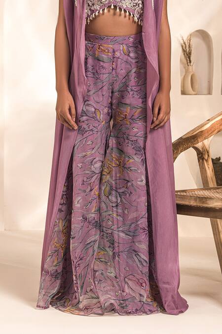 Label Astha Chhabra_Purple Organza Embroidery Sweetheart Neck Cape And Printed Sharara Set _Online_at_Aza_Fashions