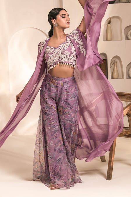 Shop_Label Astha Chhabra_Purple Organza Embroidery Sweetheart Neck Cape And Printed Sharara Set _Online_at_Aza_Fashions