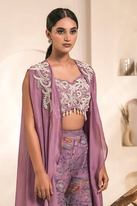 Label Astha Chhabra_Purple Organza Embroidery Sweetheart Neck Cape And Printed Sharara Set _at_Aza_Fashions