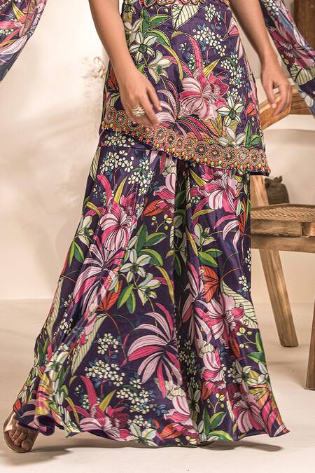 Label Astha Chhabra_Purple Crepe Embroidery One Shoulder Floral Embellished Tunic Sharara Set _Online_at_Aza_Fashions