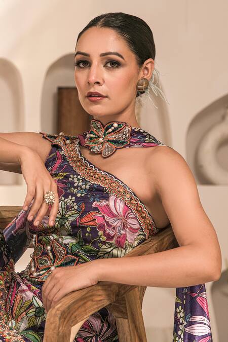 Buy_Label Astha Chhabra_Purple Crepe Embroidery One Shoulder Floral Embellished Tunic Sharara Set _Online_at_Aza_Fashions