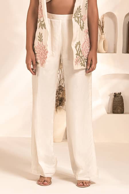 Label Astha Chhabra_Ivory Satin, Organza Embroidery Scoop Neck, Open Applique Jacket And Pant Set _Online_at_Aza_Fashions