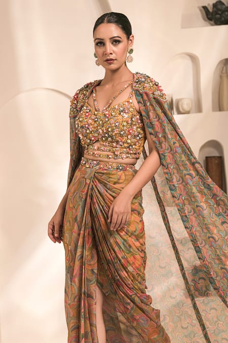 Label Astha Chhabra_Yellow Chiffon, Georgette Embroidery, Hand Embellished Cape And Dhoti Skirt Set _Online_at_Aza_Fashions