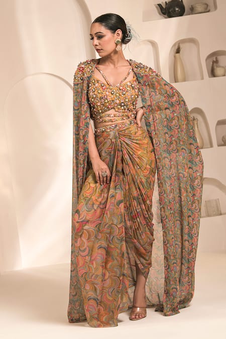 Buy_Label Astha Chhabra_Yellow Chiffon, Georgette Embroidery, Hand Embellished Cape And Dhoti Skirt Set _Online_at_Aza_Fashions