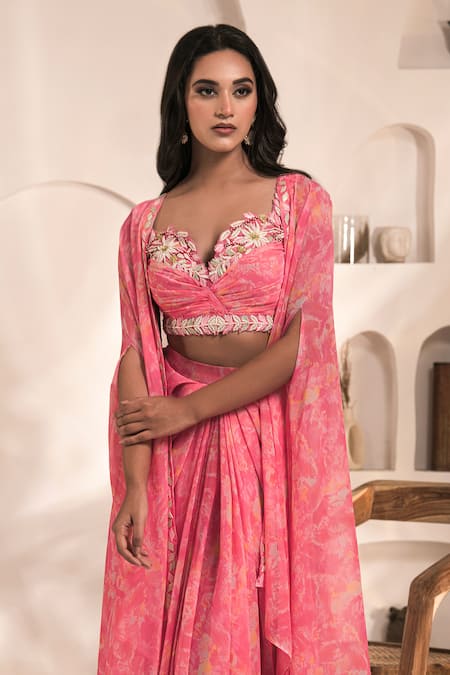Label Astha Chhabra_Pink Chiffon, Georgette Embroidery Tie Dye Print Cape And Dhoti Skirt Set _Online_at_Aza_Fashions
