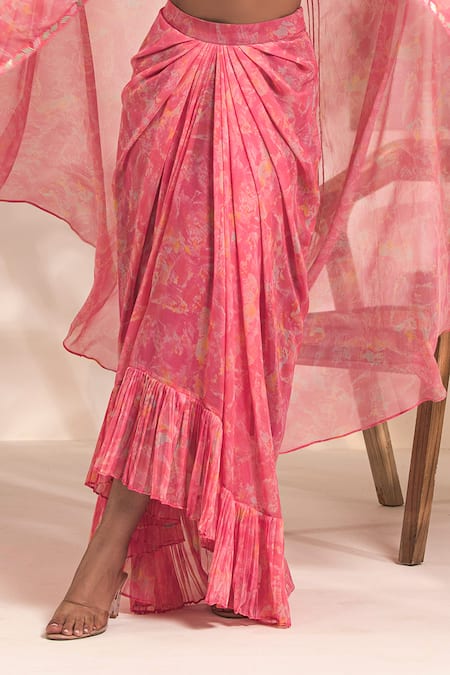 Buy_Label Astha Chhabra_Pink Chiffon, Georgette Embroidery Tie Dye Print Cape And Dhoti Skirt Set _Online_at_Aza_Fashions
