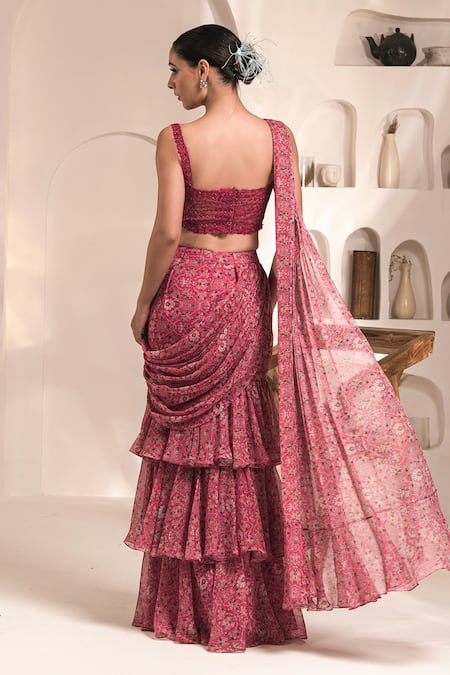 Shop Label Astha Chhabra Pink Chiffon, Georgette Pre-draped Layered Saree With Hand Embellished Corset at Aza Fashions Shop_Label Astha Chhabra_Pink Chiffon, Georgette Pre-draped Layered Saree With Hand Embellished Corset _at_Aza_Fashions