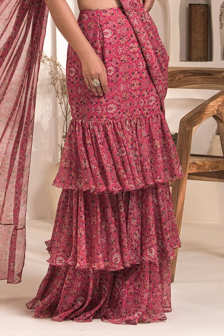Shop Label Astha Chhabra Pink Chiffon, Georgette Pre-draped Layered Saree With Hand Embellished Corset Online at Aza Fashions Shop_Label Astha Chhabra_Pink Chiffon, Georgette Pre-draped Layered Saree With Hand Embellished Corset _Online_at_Aza_Fashions
