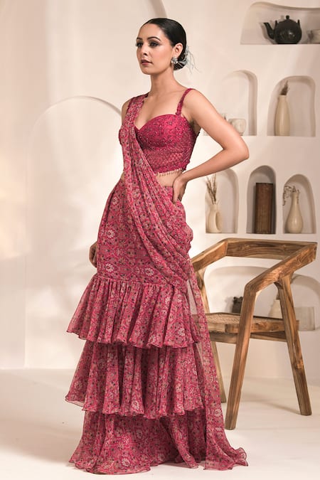 Label Astha Chhabra Pink Chiffon, Georgette Pre-draped Layered Saree With Hand Embellished Corset at Aza Fashions Label Astha Chhabra_Pink Chiffon, Georgette Pre-draped Layered Saree With Hand Embellished Corset _at_Aza_Fashions
