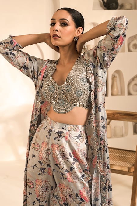 Label Astha Chhabra Multi Color Chiffon, Georgette Embroidery, Floral Print Jacket And Pant Set Online at Aza Fashions Label Astha Chhabra_Multi Color Chiffon, Georgette Embroidery, Floral Print Jacket And Pant Set _Online_at_Aza_Fashions