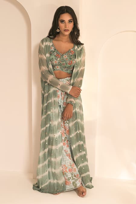 Buy_Label Astha Chhabra_Blue Crepe Embroidery, Mirrors Tie Dye Jacket And Floral Pattern Sharara Set _Online_at_Aza_Fashions
