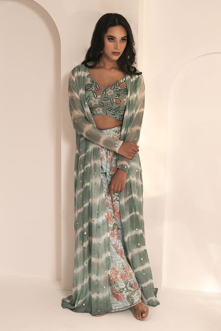 Shop_Label Astha Chhabra_Blue Crepe Embroidery, Mirrors Tie Dye Jacket And Floral Pattern Sharara Set _Online_at_Aza_Fashions