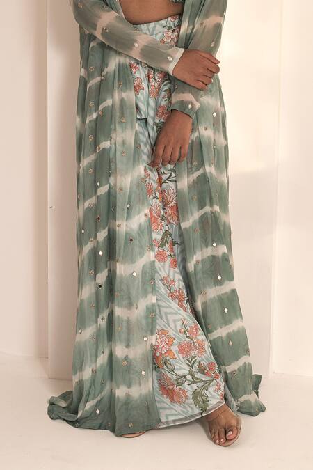 Label Astha Chhabra_Blue Crepe Embroidery, Mirrors Tie Dye Jacket And Floral Pattern Sharara Set _at_Aza_Fashions