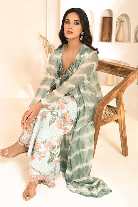Shop_Label Astha Chhabra_Blue Crepe Embroidery, Mirrors Tie Dye Jacket And Floral Pattern Sharara Set 
