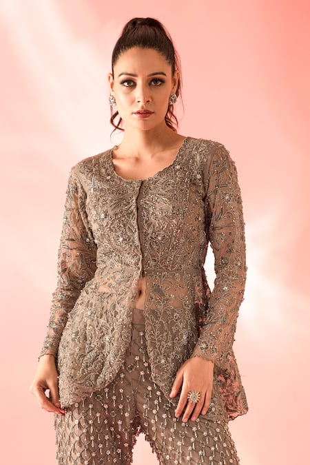 Label Astha Chhabra Grey Net Sequins, Tassels Round Neck Hand Embellished Peplum Top And Pant Set Online at Aza Fashions Label Astha Chhabra_Grey Net Sequins, Tassels Round Neck Hand Embellished Peplum Top And Pant Set _Online_at_Aza_Fashions