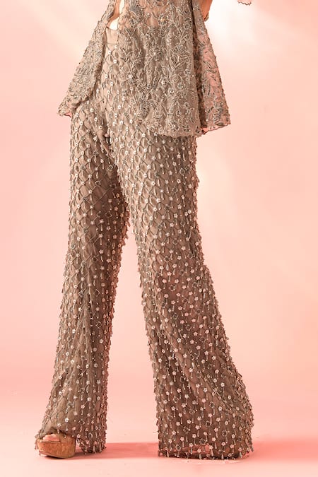 Buy Label Astha Chhabra Grey Net Sequins, Tassels Round Neck Hand Embellished Peplum Top And Pant Set Online at Aza Fashions Buy_Label Astha Chhabra_Grey Net Sequins, Tassels Round Neck Hand Embellished Peplum Top And Pant Set _Online_at_Aza_Fashions