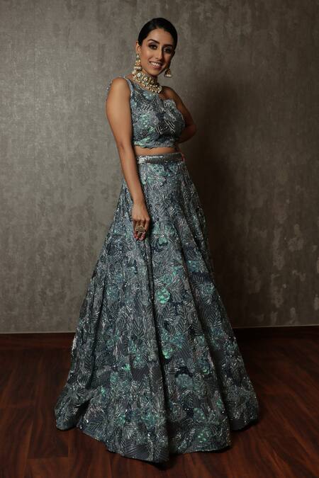 Label Astha Chhabra_Blue Organza Embroidery Asymmetric Metallic Lehenga And Blouse Set _Online_at_Aza_Fashions