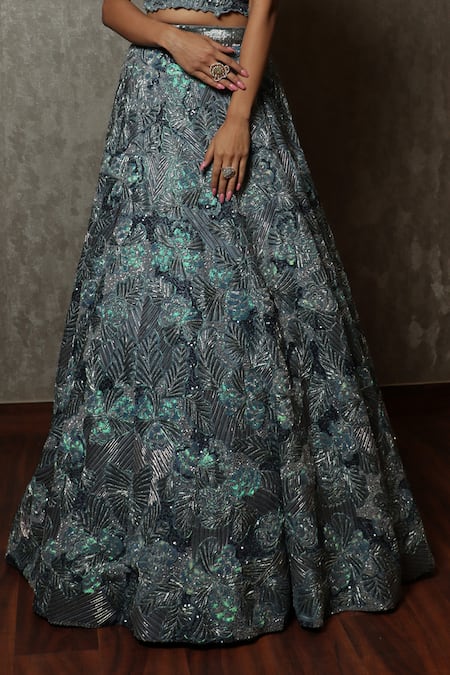 Buy_Label Astha Chhabra_Blue Organza Embroidery Asymmetric Metallic Lehenga And Blouse Set _Online_at_Aza_Fashions